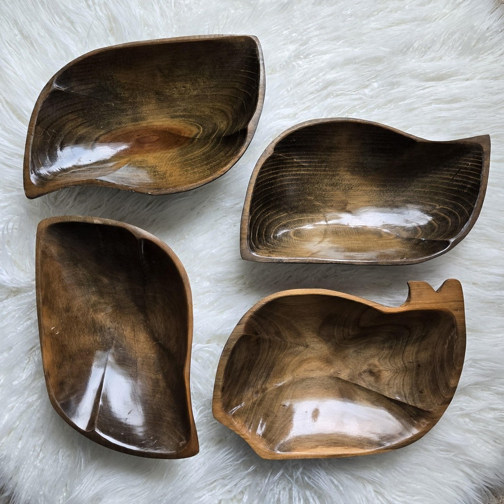 Wood Monkey Pod Salad Bowls Vintage Kitsch MCM Salad Dinnerware Serving
